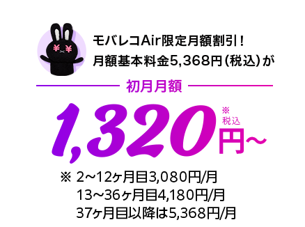モバレコAir限定月額割引!月額基本料金5,368円(税込)が初月月額1,320円(税込)~