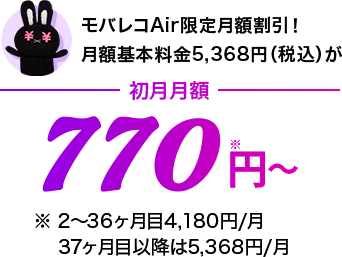モバレコAir限定月額割引!月額基本料金5,368円(税込)が初月月額770円(税込)~