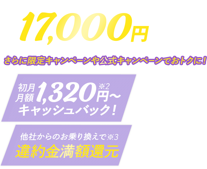 当サイトからモバレコAirをお申込みで翌月必ず17,000円キャッシュバックcampaign